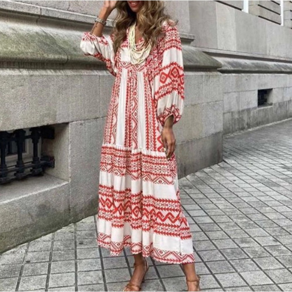 AMILIEe Women Boho Floral Puff Sleeve Tiered Maxi Dress Casual Long Dress